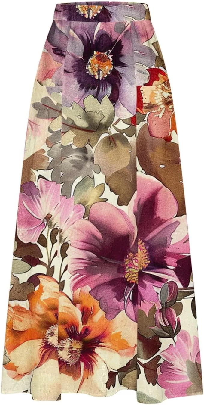 Maxi Skirts for Women Summer Trendy Hawaiian Floral Long Skirt Casual Ruffle A Line Beach Midi Skirt with Pockets