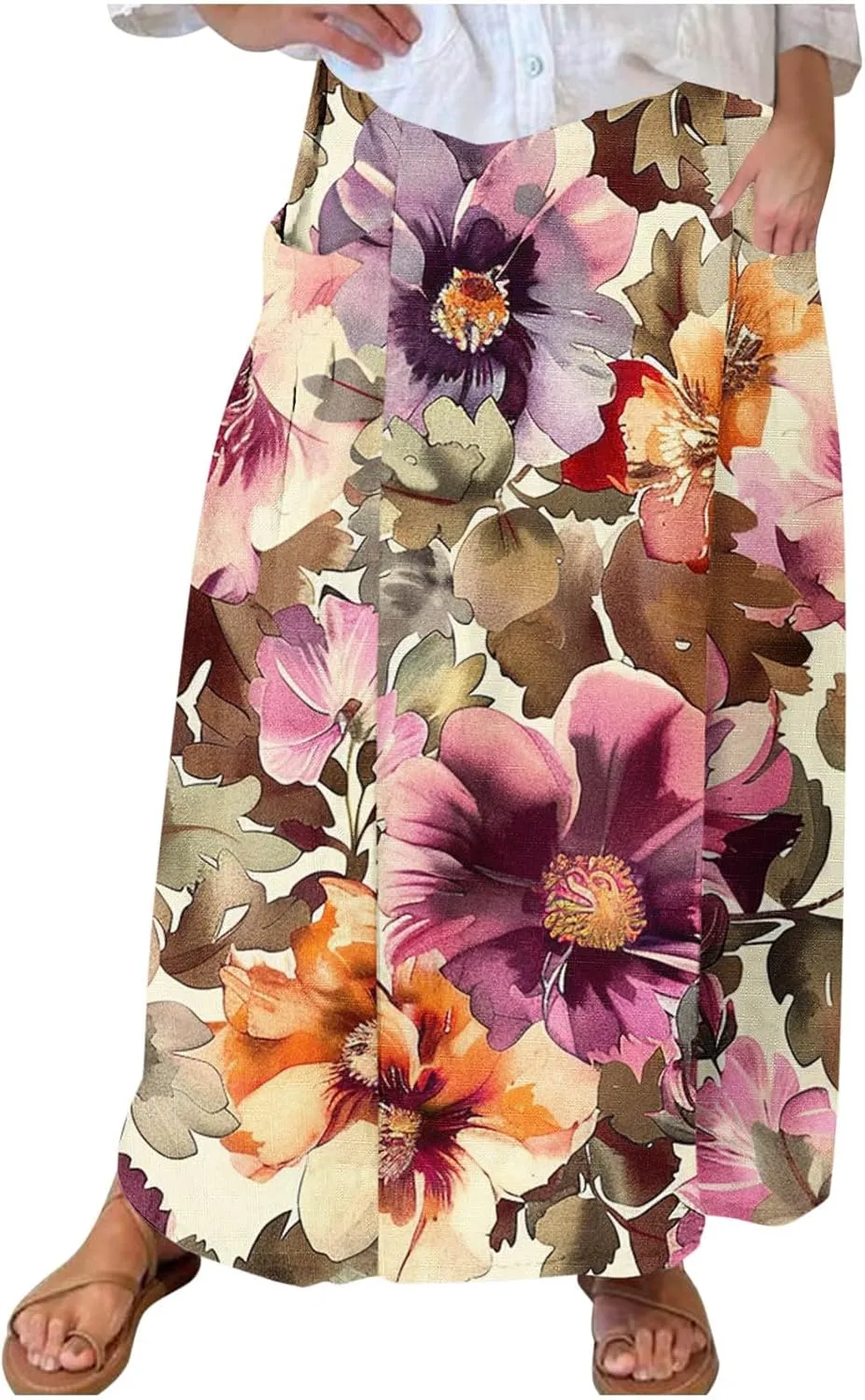 Maxi Skirts for Women Summer Trendy Hawaiian Floral Long Skirt Casual Ruffle A Line Beach Midi Skirt with Pockets