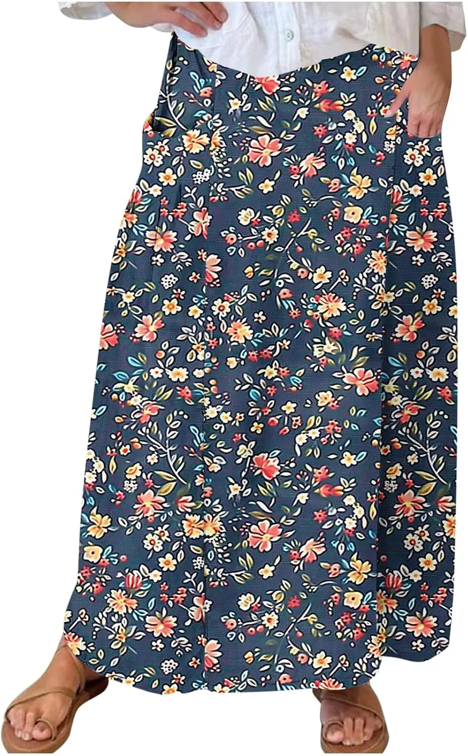 Maxi Skirts for Women Summer Trendy Hawaiian Floral Long Skirt Casual Ruffle A Line Beach Midi Skirt with Pockets