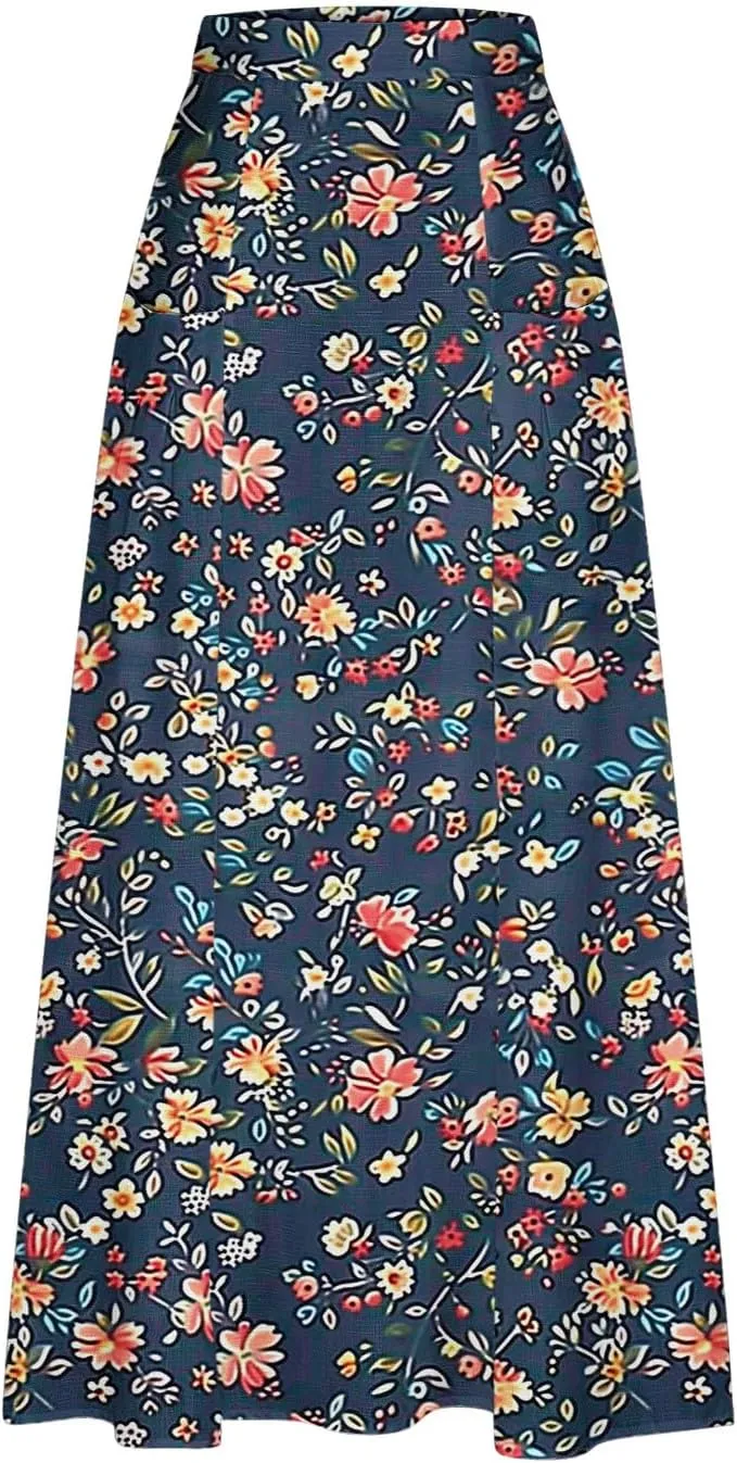 Maxi Skirts for Women Summer Trendy Hawaiian Floral Long Skirt Casual Ruffle A Line Beach Midi Skirt with Pockets
