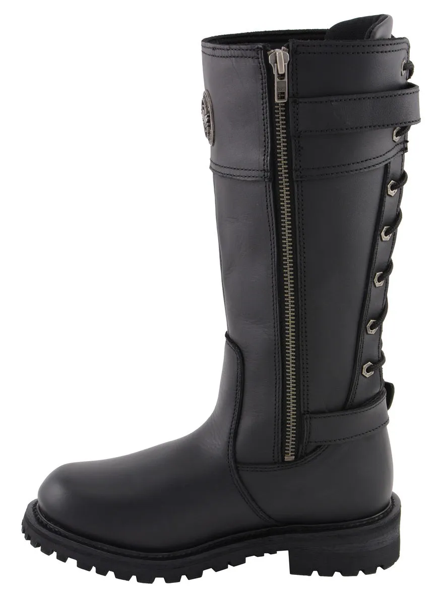 MBL9385 Women's Black 15-Inch Calf Laced Leather Riding Boots with Side Zipper