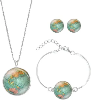 Meiligo Retro Personalized World Map Necklace Bracelet Earring Jewelry Globe Signs Circular Tag Pendant Jewelry