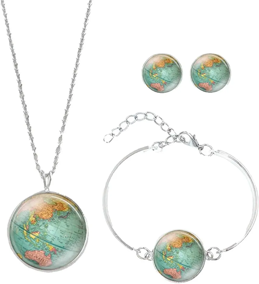 Meiligo Retro Personalized World Map Necklace Bracelet Earring Jewelry Globe Signs Circular Tag Pendant Jewelry