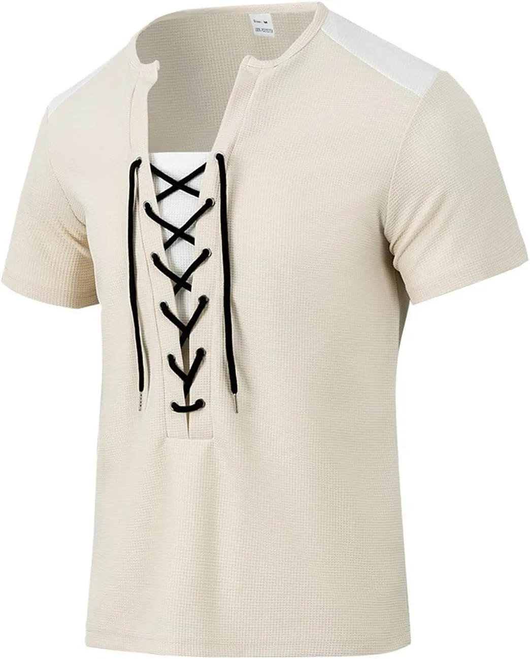 Men Cotton Linen Henley Shirts, Lace Up Short Sleeve V Neck for Beach Renaissance Viking Pirate Hippie, Cotton