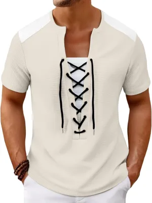 Men Cotton Linen Henley Shirts, Lace Up Short Sleeve V Neck for Beach Renaissance Viking Pirate Hippie, Cotton