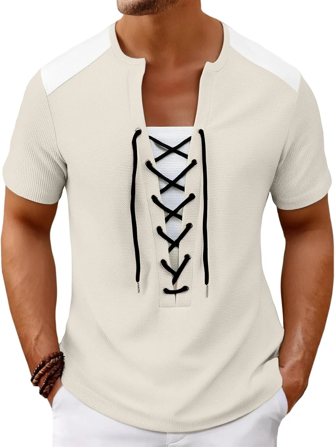 Men Cotton Linen Henley Shirts, Lace Up Short Sleeve V Neck for Beach Renaissance Viking Pirate Hippie, Cotton