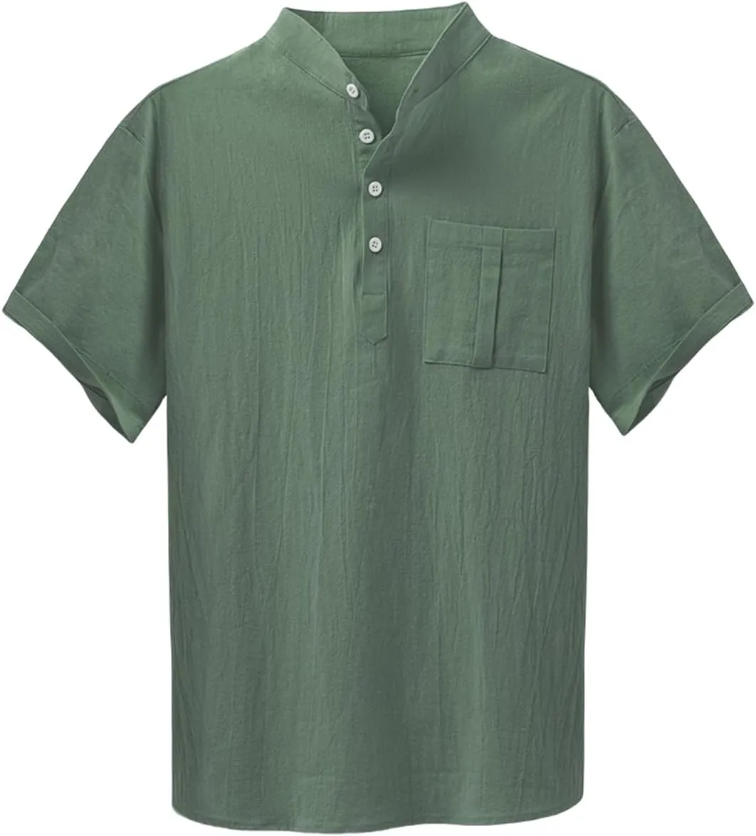 Men Short Sleeve Casual Button Down Striped Henley Lightweight Linen Cotton Dress Shirts with One Pocket Tops