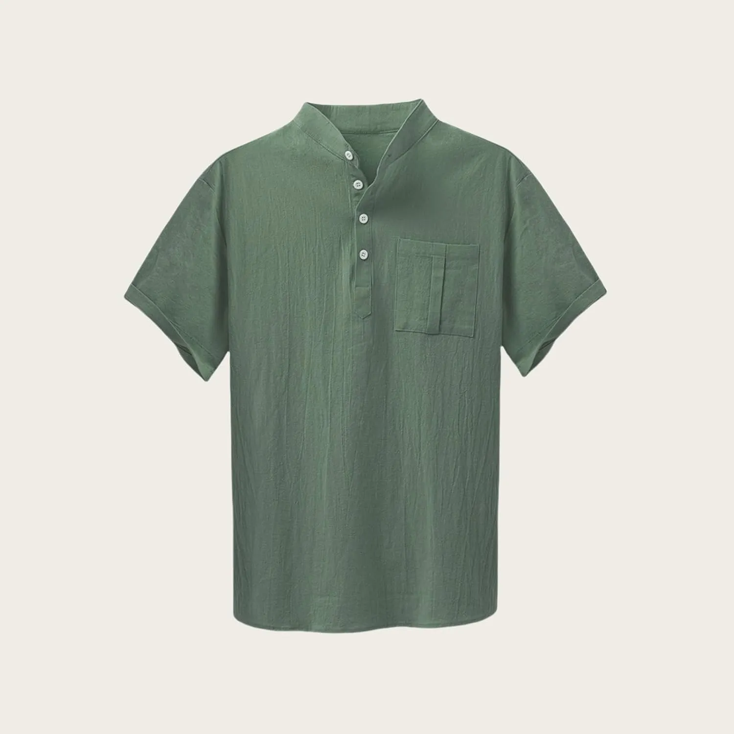 Men Short Sleeve Casual Button Down Striped Henley Lightweight Linen Cotton Dress Shirts with One Pocket Tops