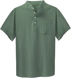 Men Short Sleeve Casual Button Down Striped Henley Lightweight Linen Cotton Dress Shirts with One Pocket Tops
