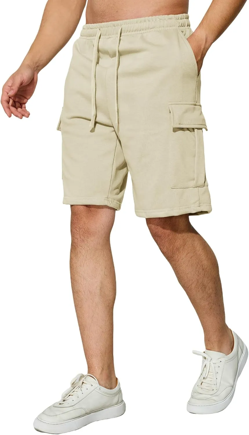 Mens Casual Cargo Shorts Cotton Elastic Waist Drawstring Sweat Shorts Gym Workout Jogger Shorts