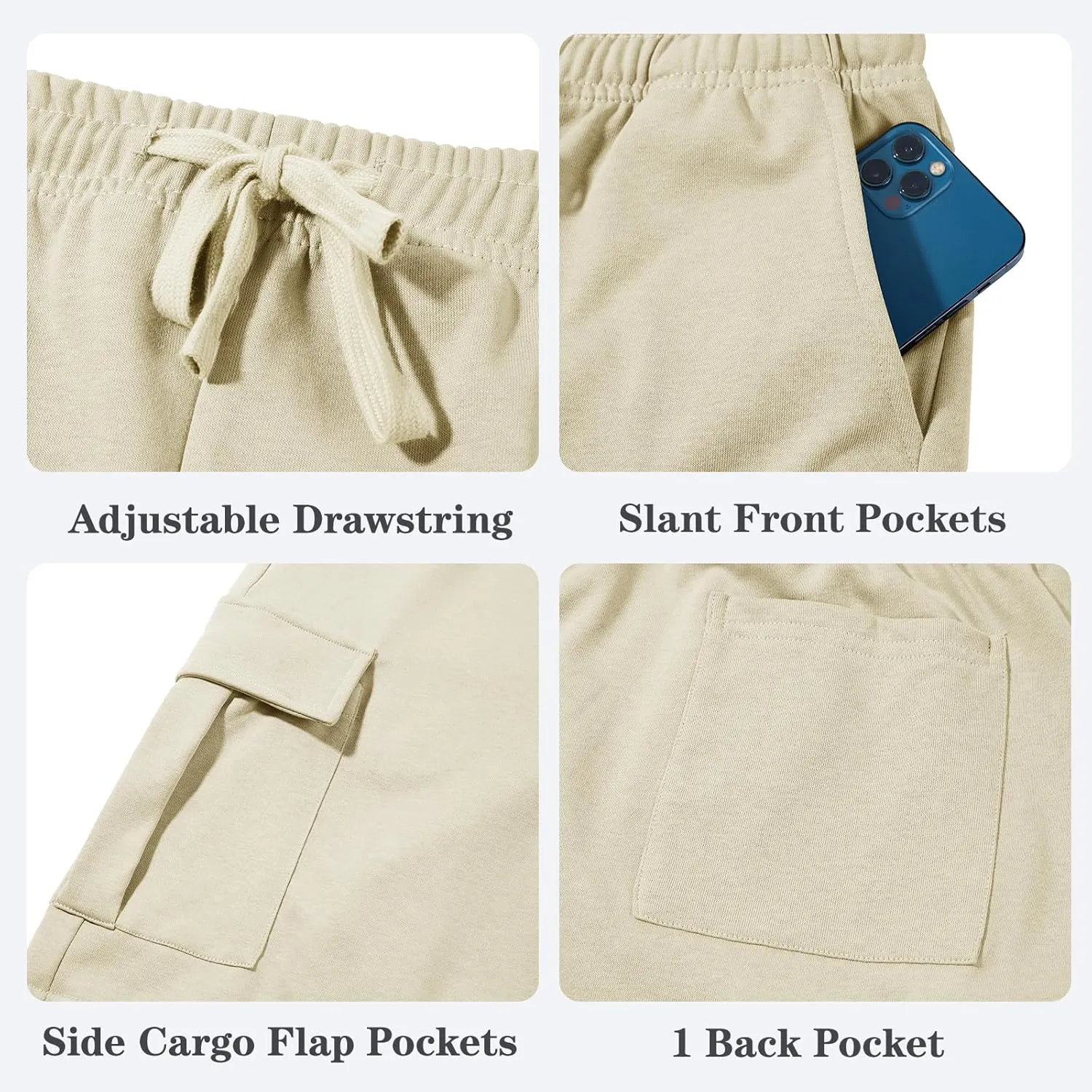 Mens Casual Cargo Shorts Cotton Elastic Waist Drawstring Sweat Shorts Gym Workout Jogger Shorts
