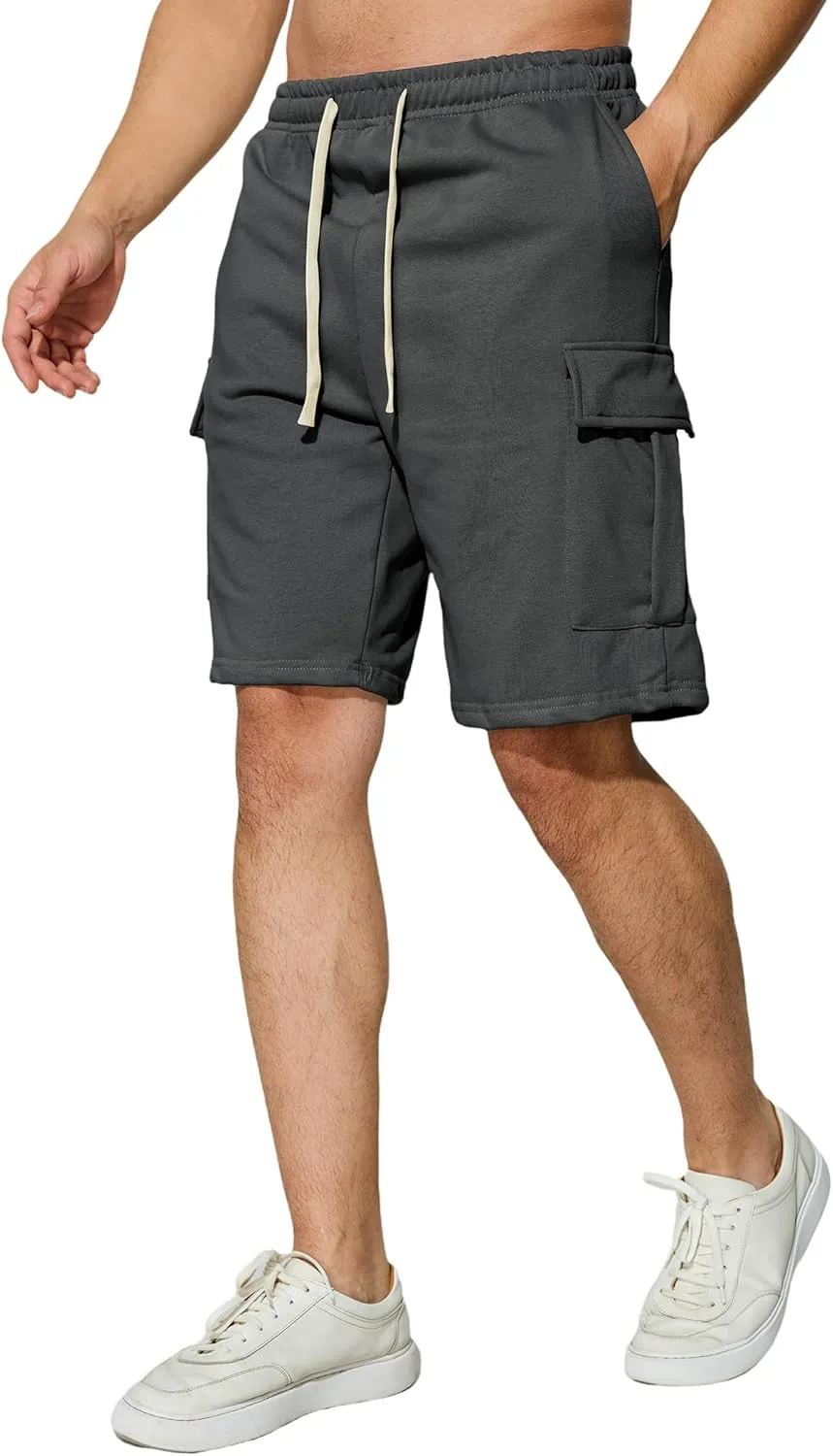 Mens Casual Cargo Shorts Cotton Elastic Waist Drawstring Sweat Shorts Gym Workout Jogger Shorts