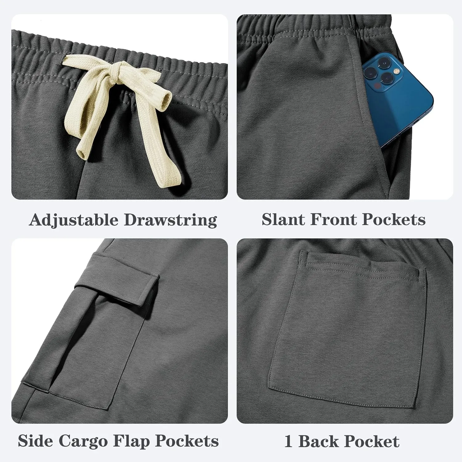Mens Casual Cargo Shorts Cotton Elastic Waist Drawstring Sweat Shorts Gym Workout Jogger Shorts