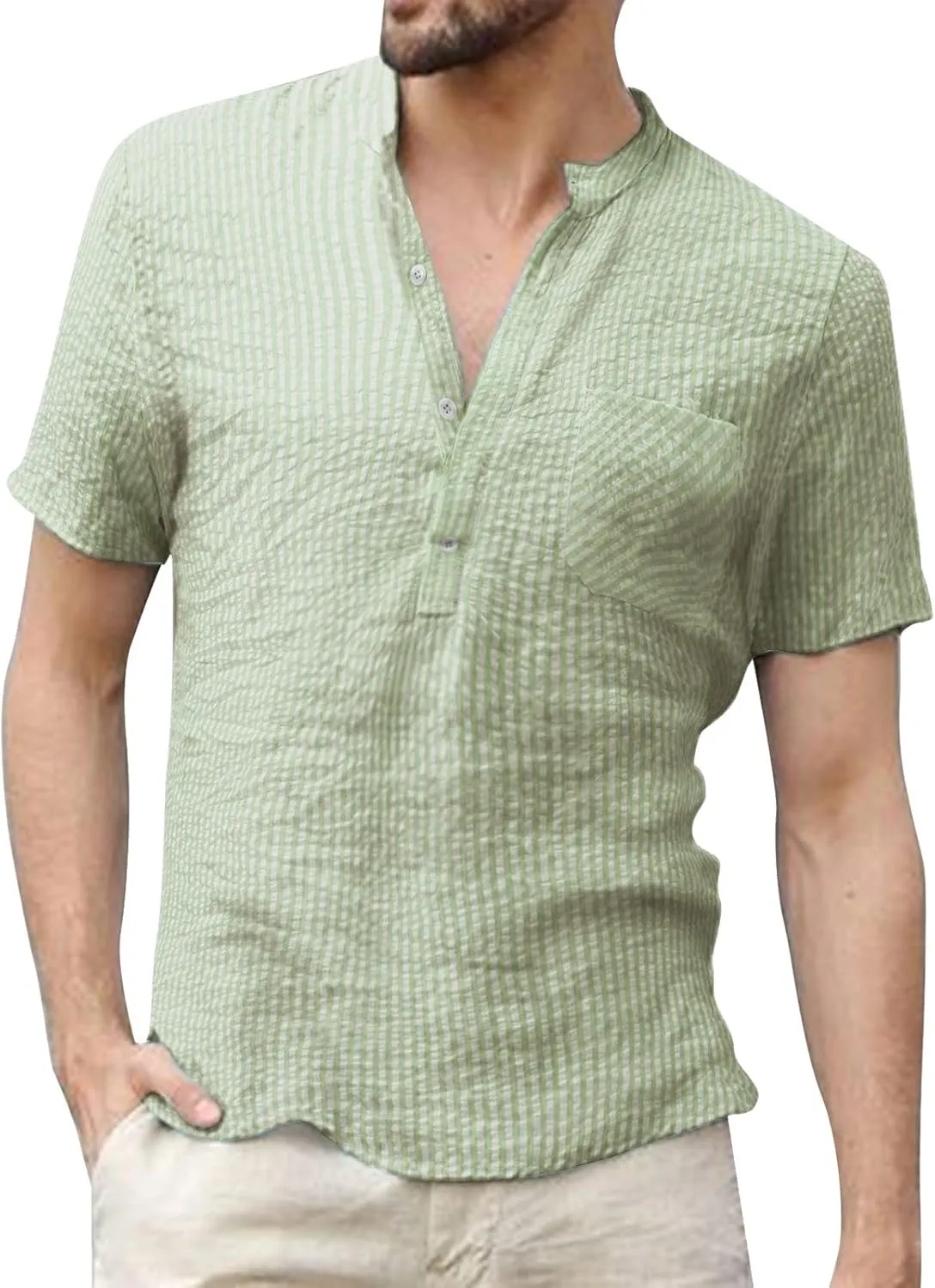 Men's Casual Short Sleeve Button Down Shirts Cotton Linen Vertical Striped Henley T-Shirts Casual Regular Fit Beach Tops Green