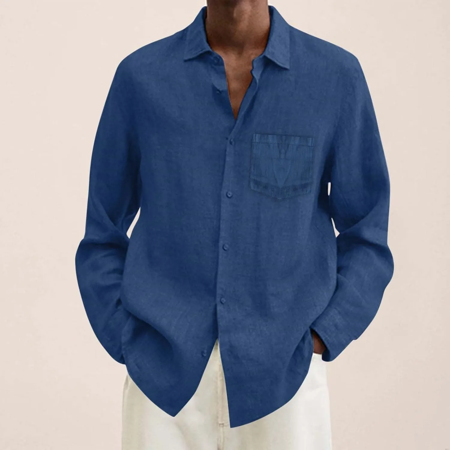 Mens Cotton Linen Button Down Shirts Long Sleeve Loose Fit Lapel T Shirts Retro Lightweight Solid Color Dress Shirt