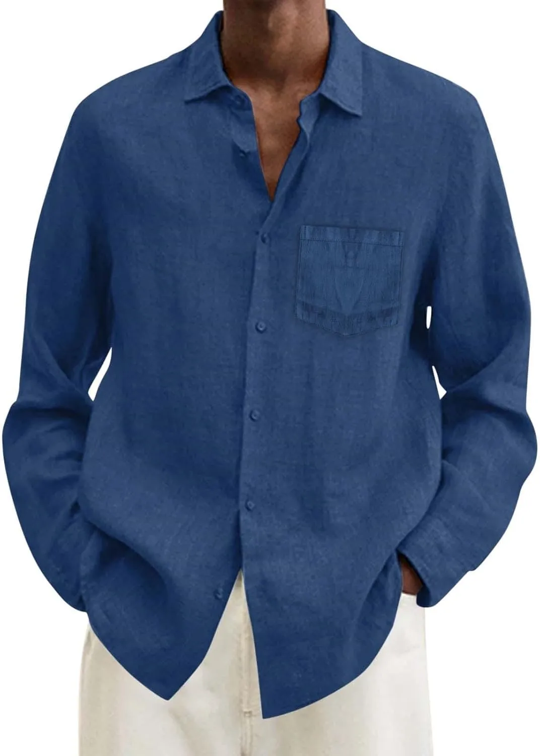 Mens Cotton Linen Button Down Shirts Long Sleeve Loose Fit Lapel T Shirts Retro Lightweight Solid Color Dress Shirt
