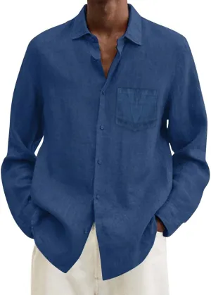 Mens Cotton Linen Button Down Shirts Long Sleeve Loose Fit Lapel T Shirts Retro Lightweight Solid Color Dress Shirt
