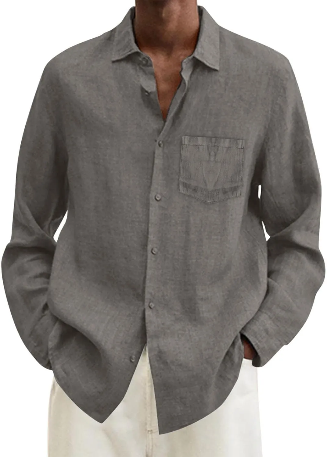 Mens Cotton Linen Button Down Shirts Loose Fit Long Sleeve Lapel T Shirts Retro Lightweight Solid Color Dress Shirt