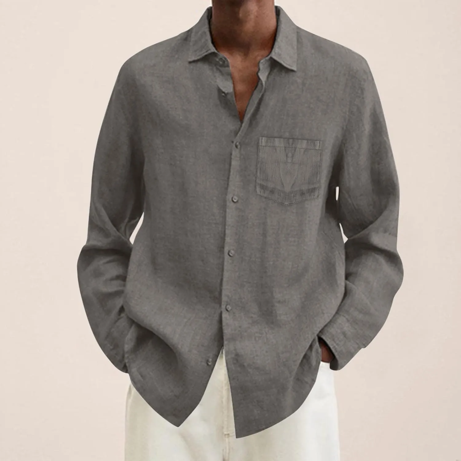 Mens Cotton Linen Button Down Shirts Loose Fit Long Sleeve Lapel T Shirts Retro Lightweight Solid Color Dress Shirt