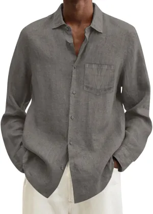 Mens Cotton Linen Button Down Shirts Loose Fit Long Sleeve Lapel T Shirts Retro Lightweight Solid Color Dress Shirt