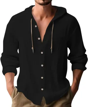 Mens Cotton Linen Shirts Casual Button Down Long Sleeve Hoodies Lightweight Summer Casual Hawaiian Beach Yoga Shirts