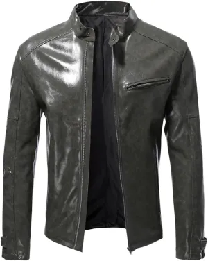 Men's Faux Leather Jacket Classic Full Zip Stand Collar Long Sleeve Solid Color PU Outerwear Trendy Motorcycle Jacket
