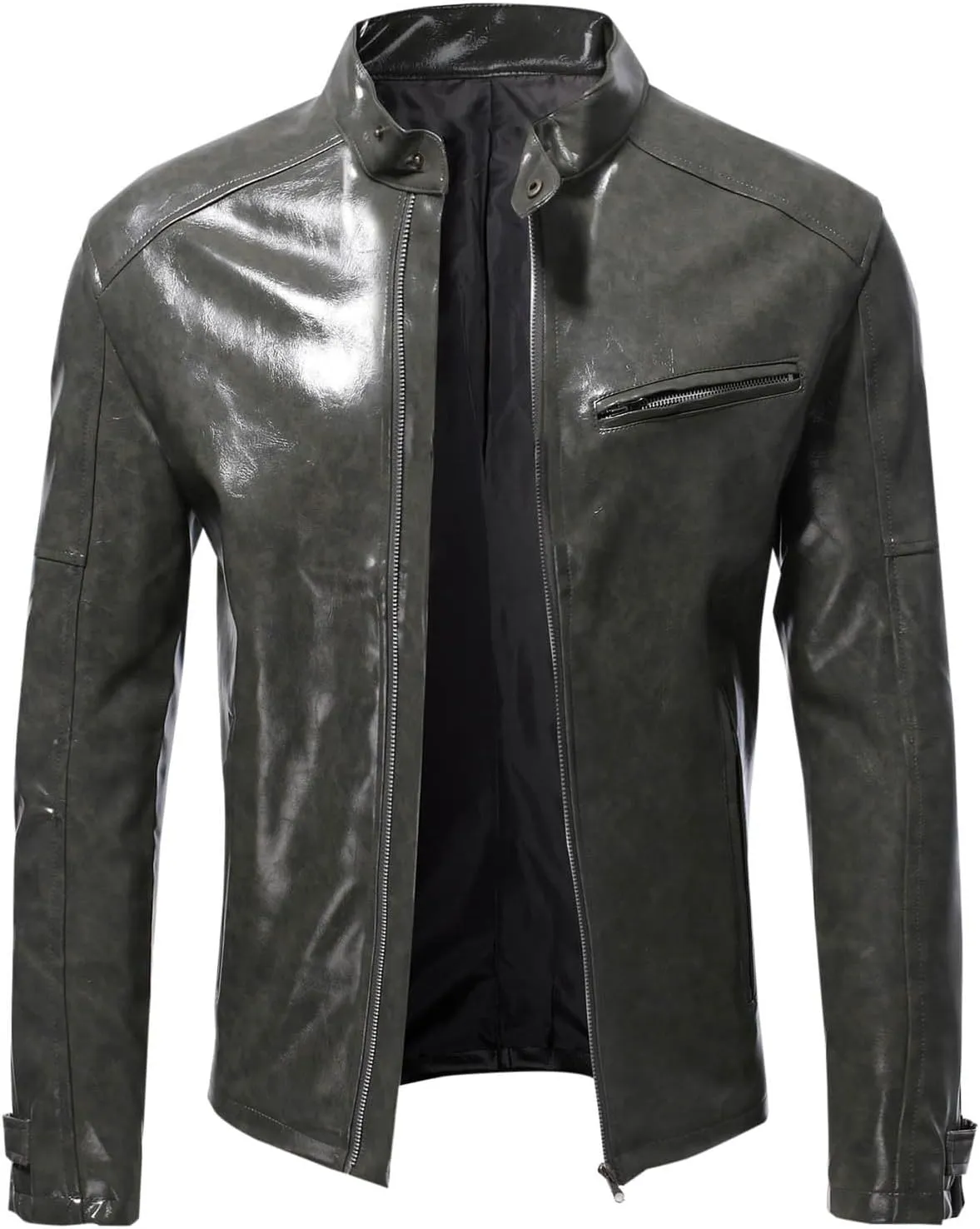 Men's Faux Leather Jacket Classic Full Zip Stand Collar Long Sleeve Solid Color PU Outerwear Trendy Motorcycle Jacket