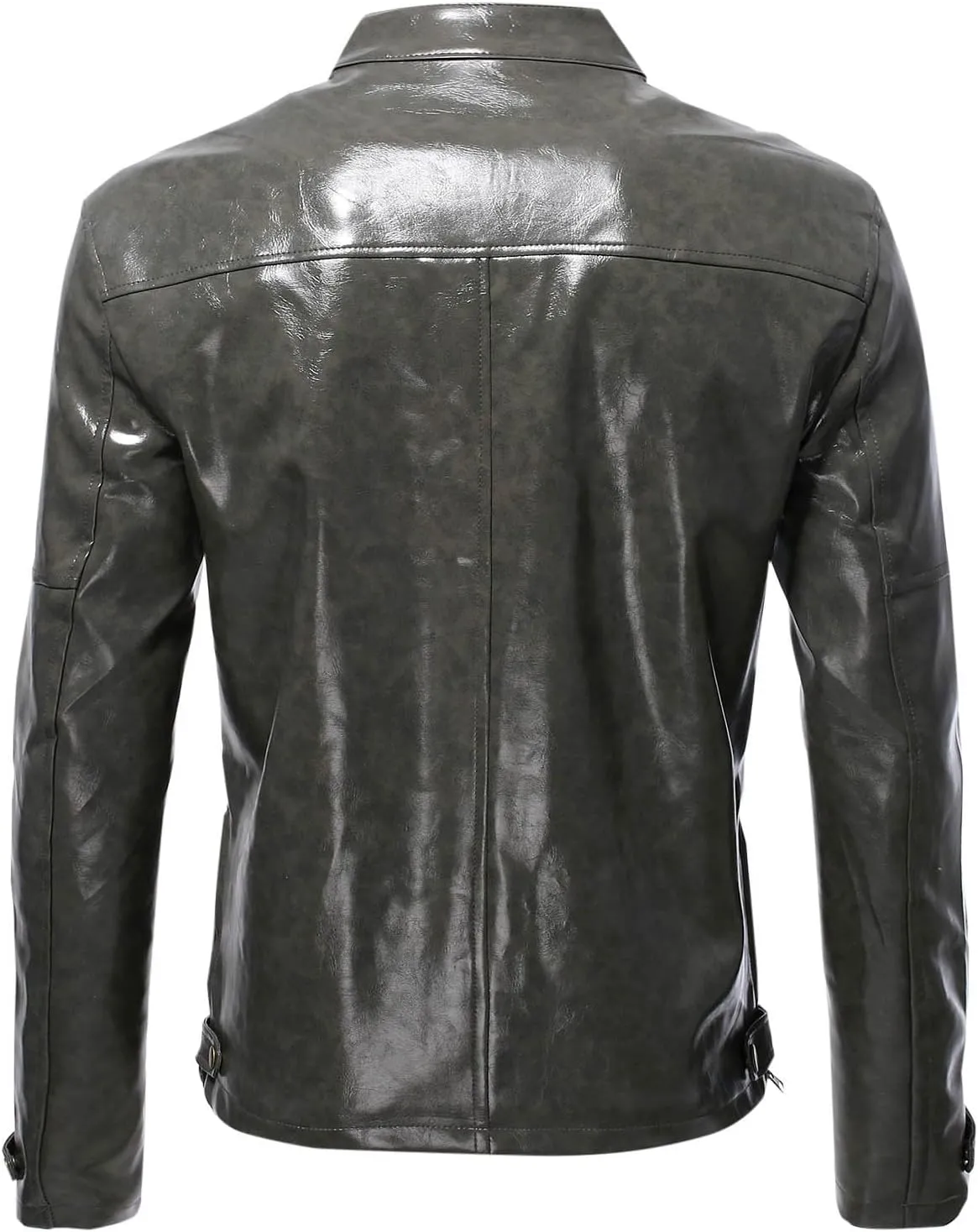 Men's Faux Leather Jacket Classic Full Zip Stand Collar Long Sleeve Solid Color PU Outerwear Trendy Motorcycle Jacket