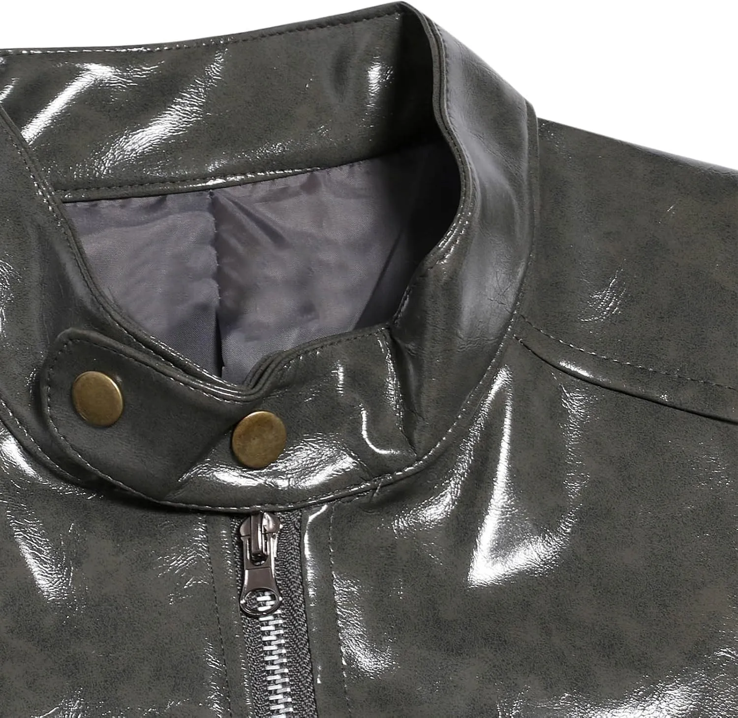 Men's Faux Leather Jacket Classic Full Zip Stand Collar Long Sleeve Solid Color PU Outerwear Trendy Motorcycle Jacket