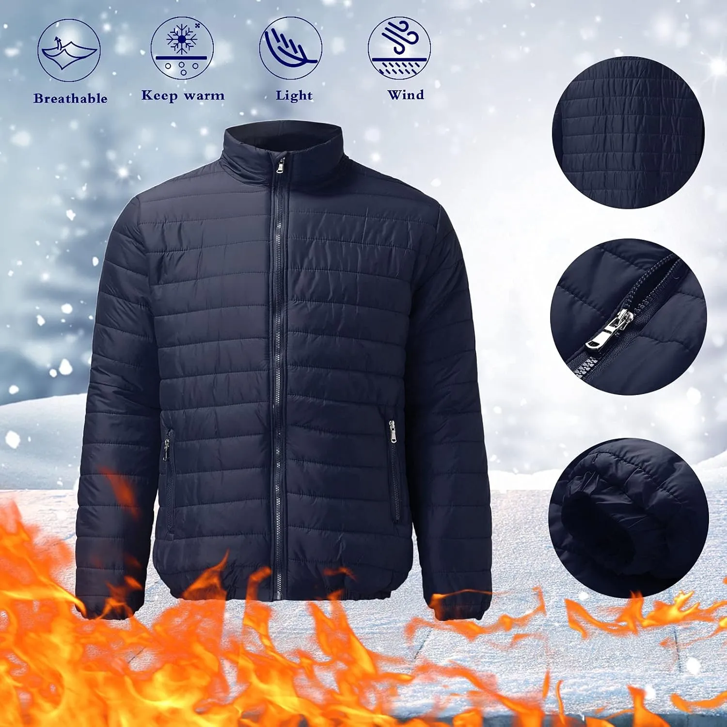 Mens Winter Jacket with Hood Quilted Puffer Jacket Full Zip Warm Thick Coats Cold Weather Work Outerwear Down Jacket