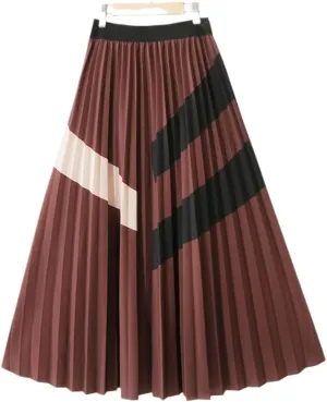 Midi Long Pleated Skirt Women Fashion Autumn Winter Korean Style Patchwork High Waist Mid-Length Skirt Female Coffee One Size