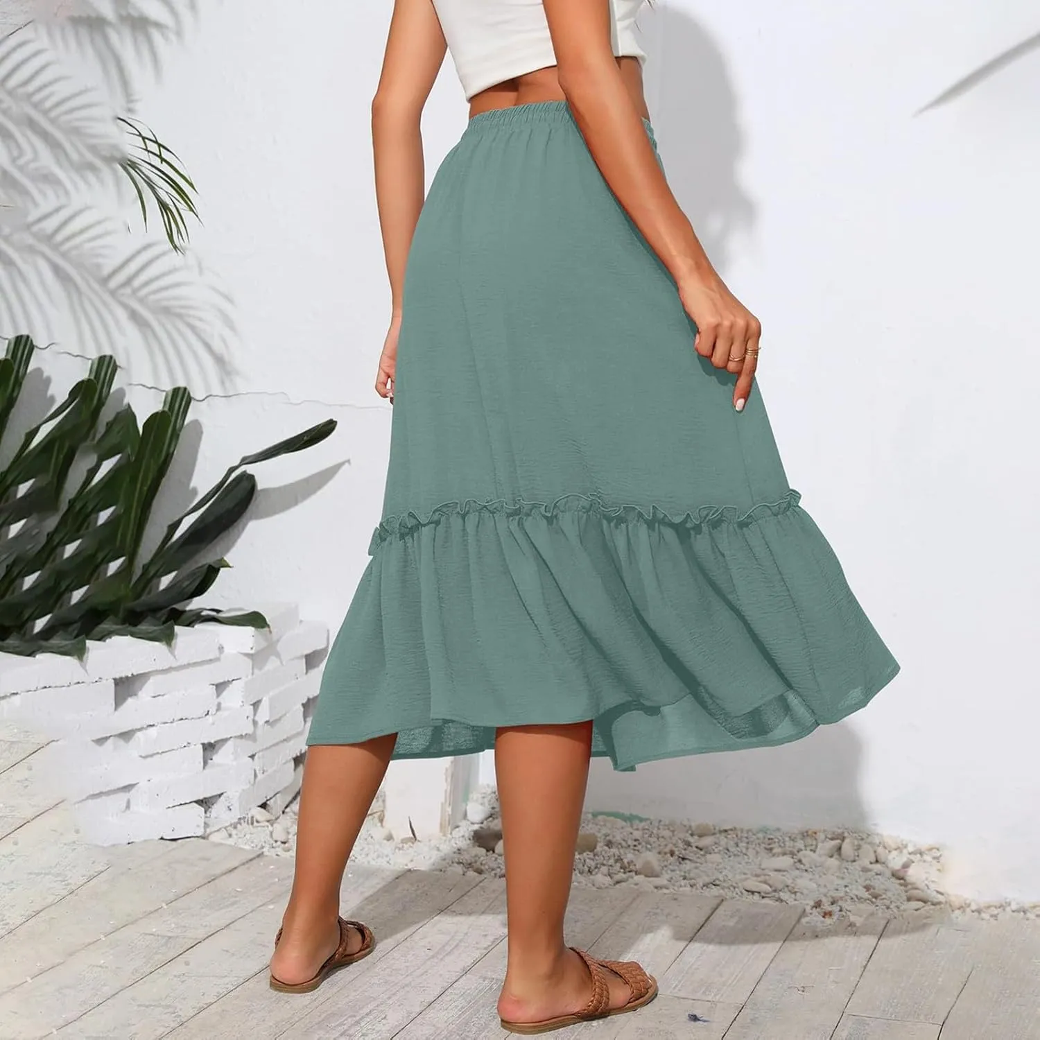 Midi Skirts for Women Boho Drawstring Waist Beach Skirt with Pockets Casual Flowy Swing Pleated A Line Skirts