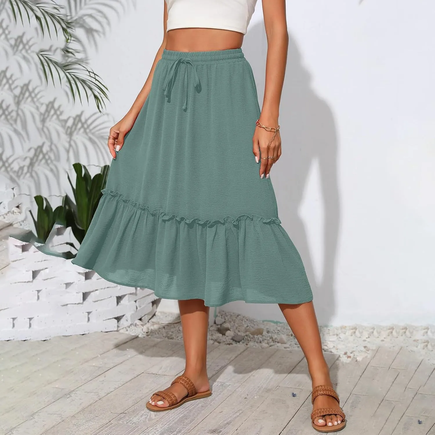 Midi Skirts for Women Boho Drawstring Waist Beach Skirt with Pockets Casual Flowy Swing Pleated A Line Skirts