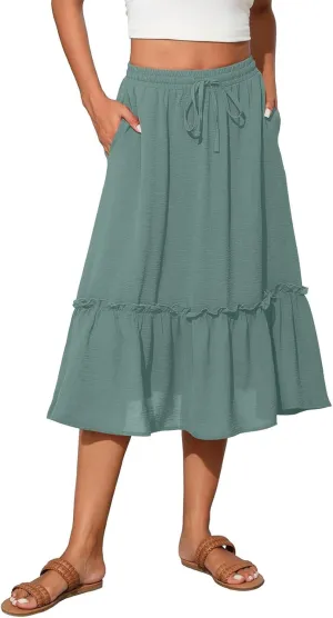 Midi Skirts for Women Boho Drawstring Waist Beach Skirt with Pockets Casual Flowy Swing Pleated A Line Skirts