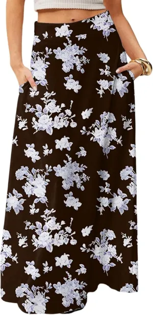 Midi Skirts for Women High Waisted Pleated A-Line Summer Swing Floral Long with Pockets