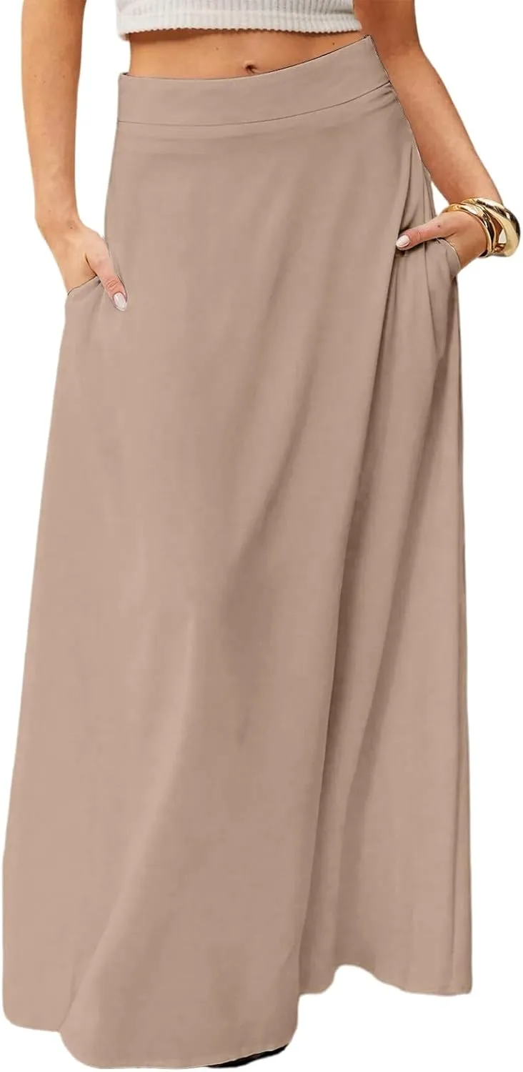 Midi Skirts for Women High Waisted Pleated A-Line Summer Swing Long Work Office with Pockets