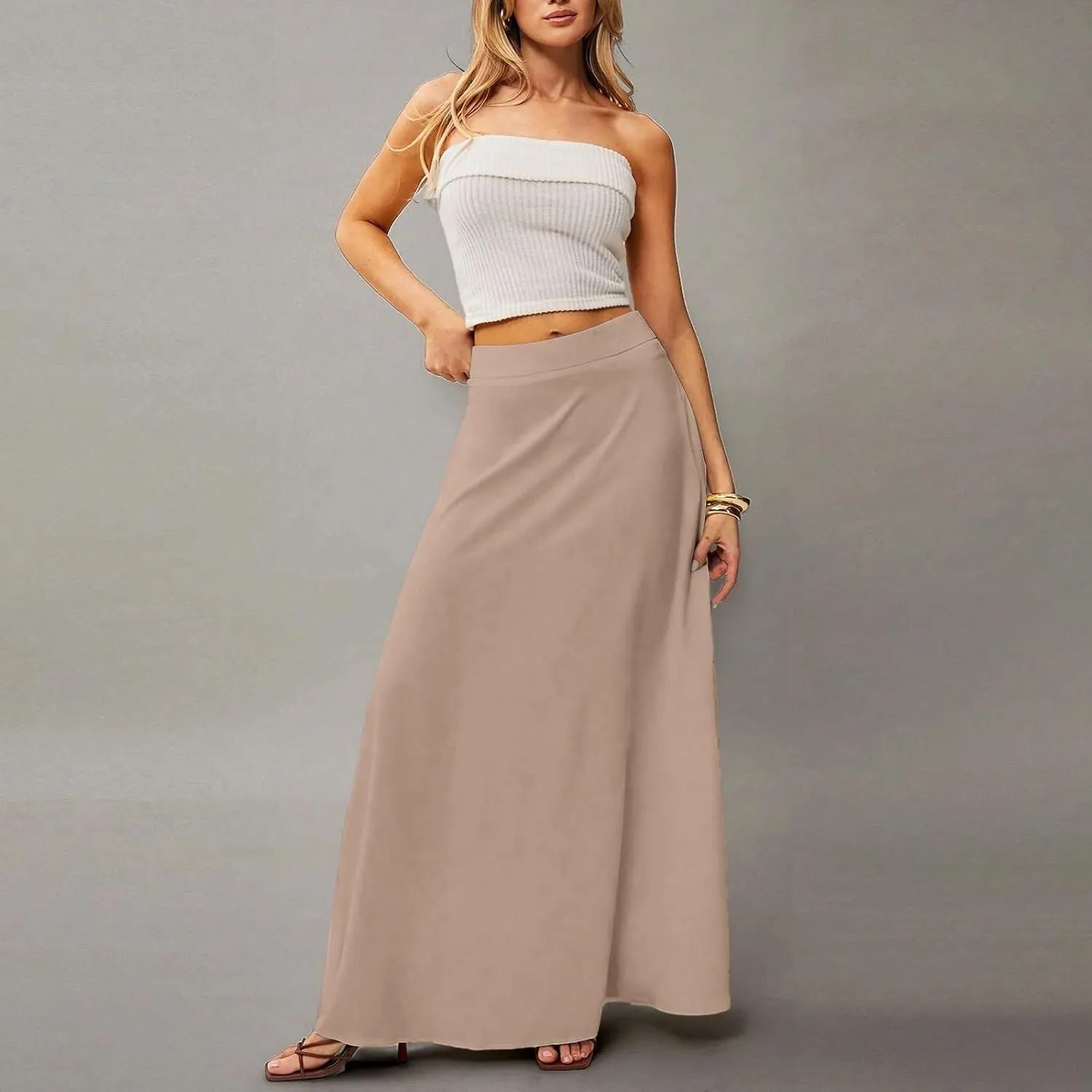 Midi Skirts for Women High Waisted Pleated A-Line Summer Swing Long Work Office with Pockets