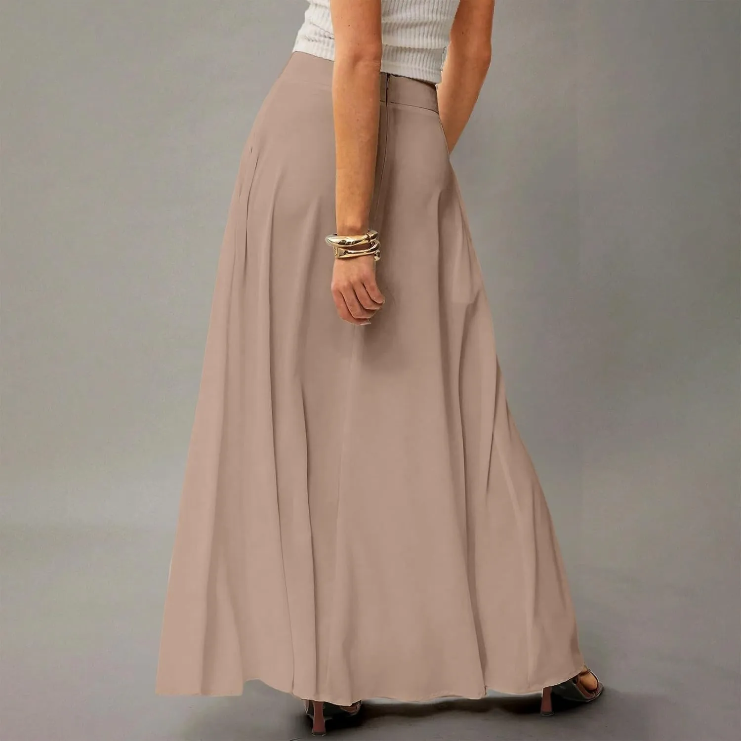 Midi Skirts for Women High Waisted Pleated A-Line Summer Swing Long Work Office with Pockets