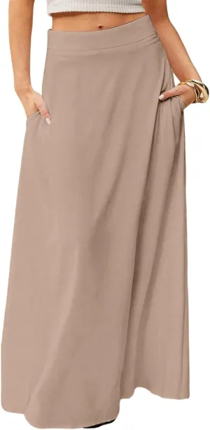 Midi Skirts for Women High Waisted Pleated A-Line Summer Swing Long Work Office with Pockets
