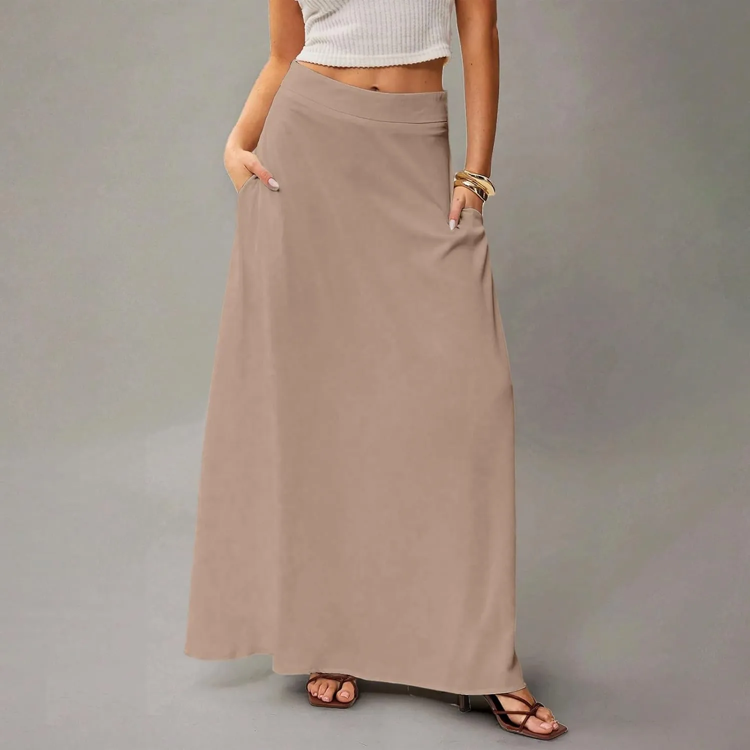 Midi Skirts for Women High Waisted Pleated A-Line Summer Swing Long Work Office with Pockets