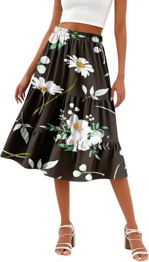 midi Tiered Floral Skirts for Women Trendy Boho high Elastic Waist Long Ruffle Flowy a line Skirts Vacation Skort