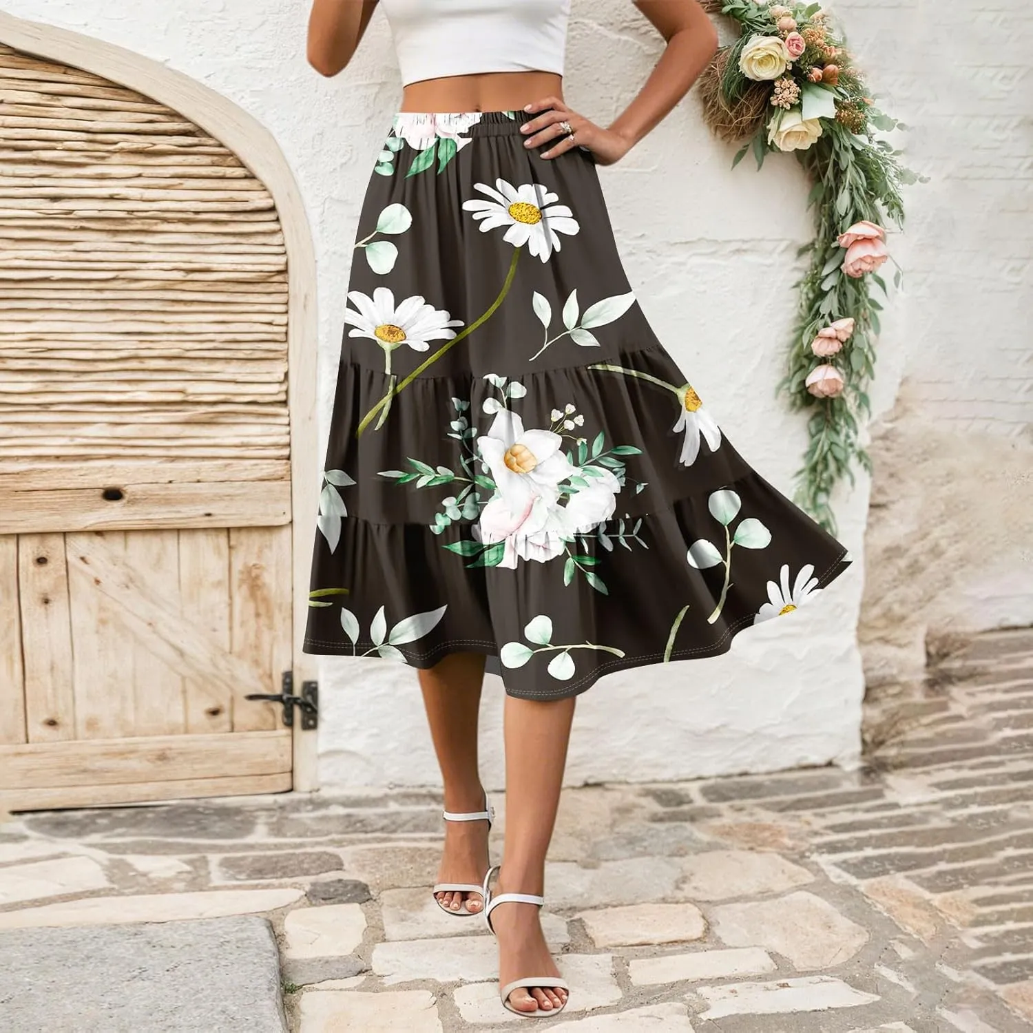 midi Tiered Floral Skirts for Women Trendy Boho high Elastic Waist Long Ruffle Flowy a line Skirts Vacation Skort