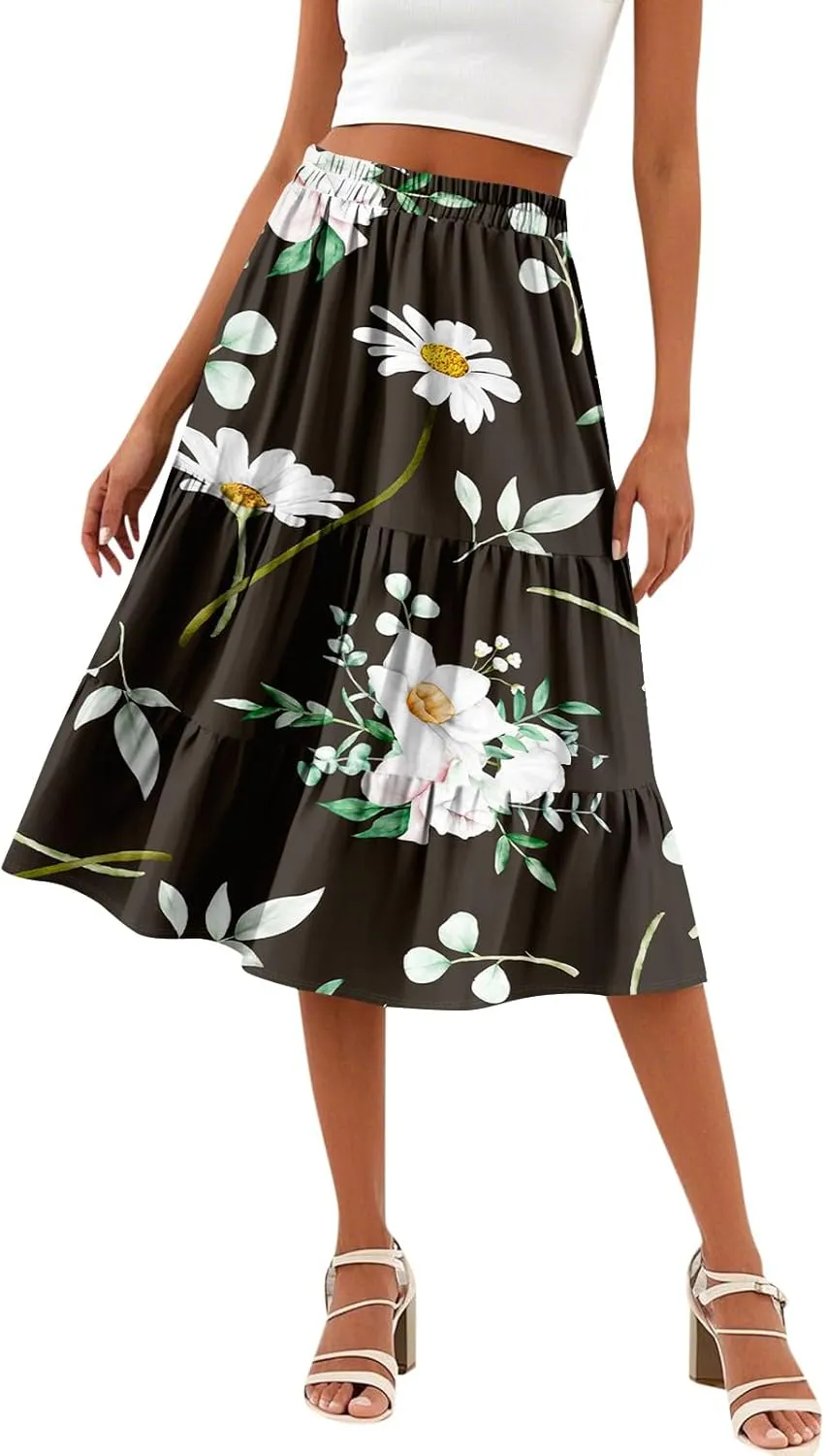 midi Tiered Floral Skirts for Women Trendy Boho high Elastic Waist Long Ruffle Flowy a line Skirts Vacation Skort