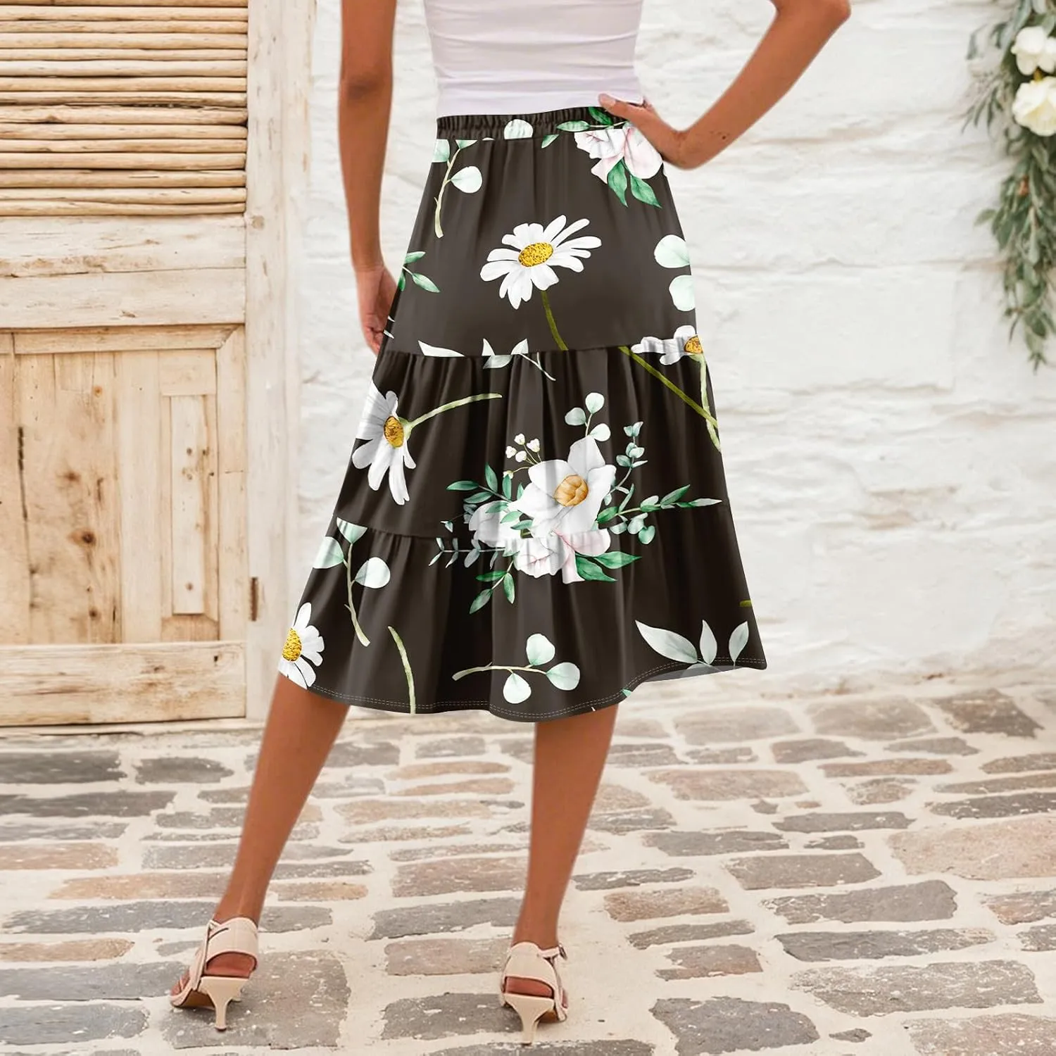 midi Tiered Floral Skirts for Women Trendy Boho high Elastic Waist Long Ruffle Flowy a line Skirts Vacation Skort