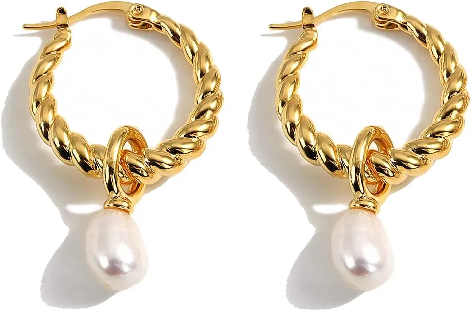 Minimalist Waterfresh Pearl Earrings Temperament Geometric Metal Hoop Earrings