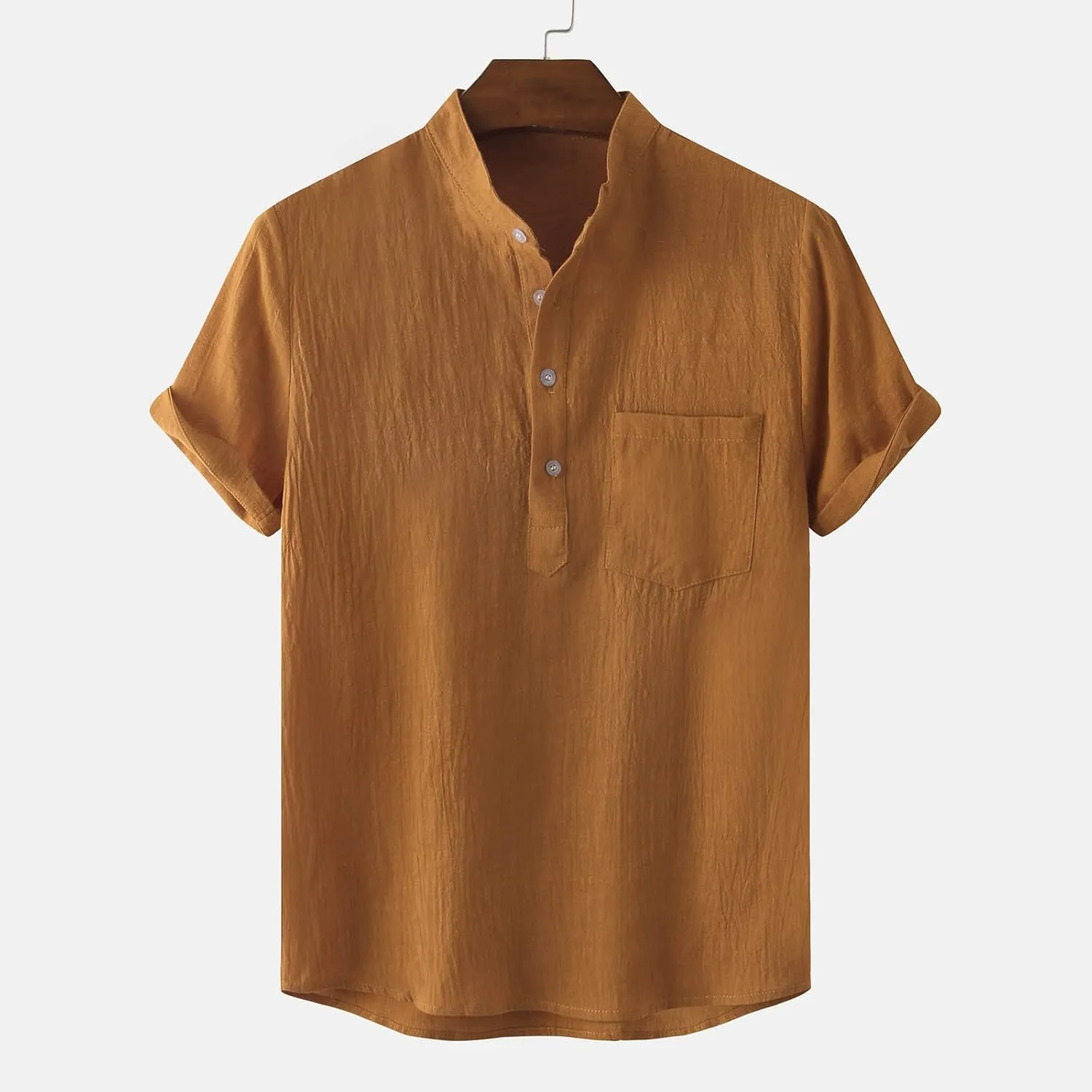 Muscularfit Men's Cotton Linen Henley Shirt Casual Stylish Short Sleeve Button Down T Shirts Loose Fit Plain Chest Pocket Tee