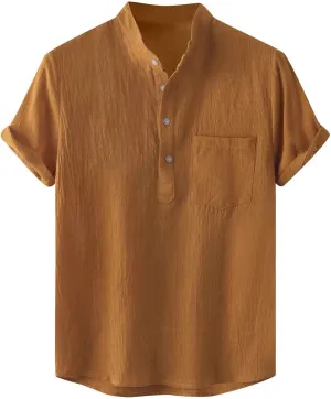 Muscularfit Men's Cotton Linen Henley Shirt Casual Stylish Short Sleeve Button Down T Shirts Loose Fit Plain Chest Pocket Tee