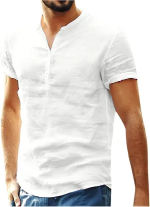 Muscularfit Mens Cotton Linen T Shirts Casual Stylish Short Sleeve Button Down Shirt Summer Regular-Fit Light Weight Tees