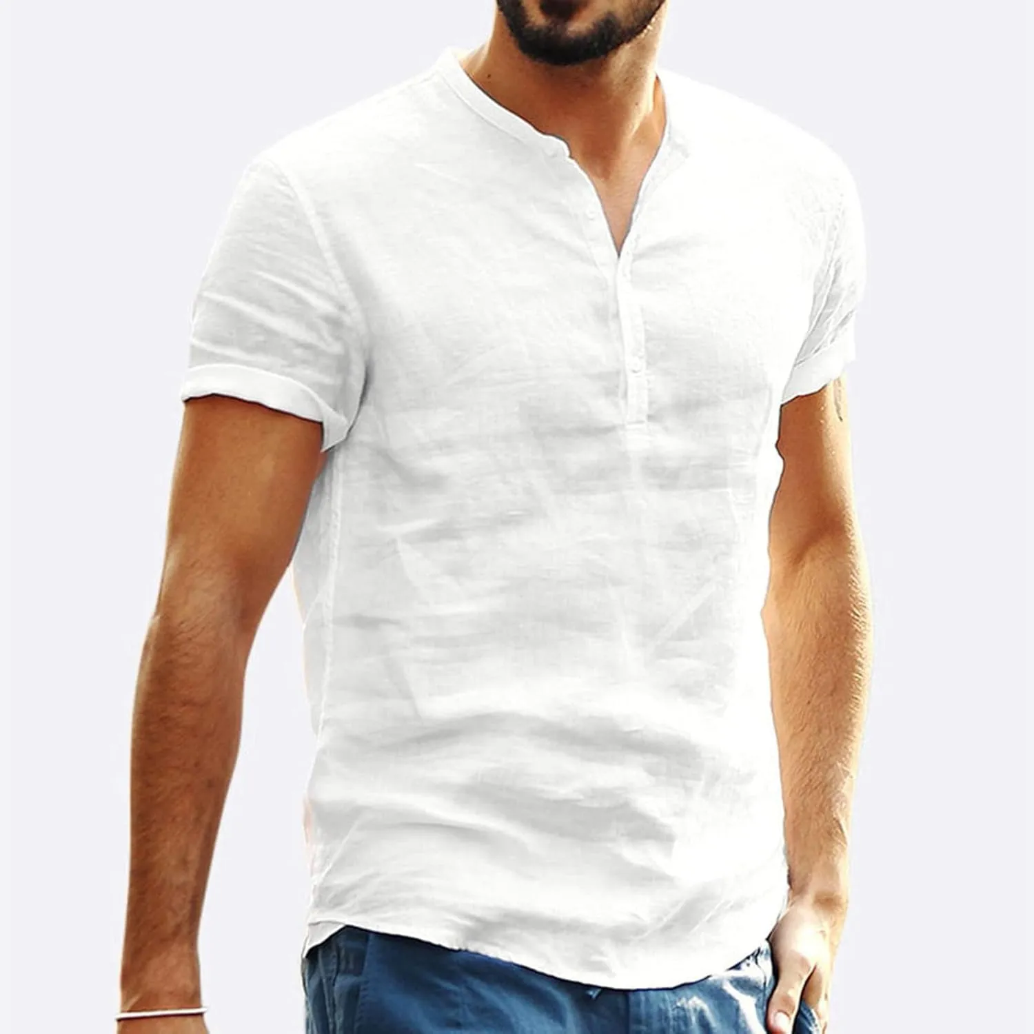 Muscularfit Mens Cotton Linen T Shirts Casual Stylish Short Sleeve Button Down Shirt Summer Regular-Fit Light Weight Tees