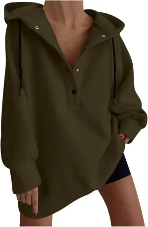 NATHGAM Oversized Hooded Sweatshirt Women Casual Half Button Down Lightweight Slouchy Hoodies Soft Loose Comfy Pullover Tops